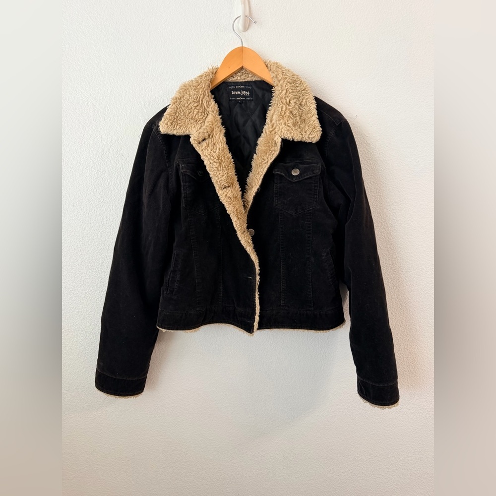 Corduroy Sherpa Winter Jacket Y2k Black Brown Fur Sz L Juniors Vintage